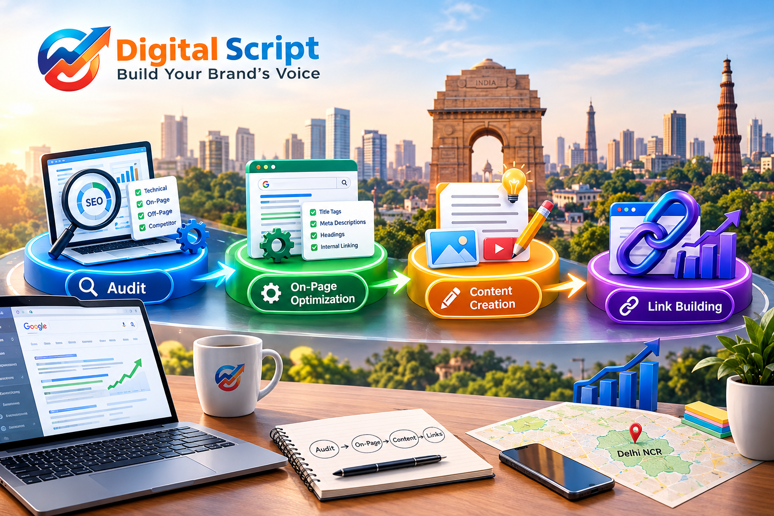 Step by step SEO process followed by Digital Script for Delhi NCR clients - audit, on-page, content, link building